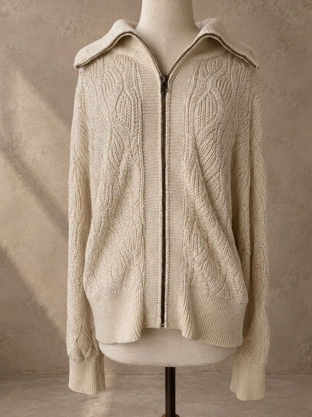 Varley XL Lando Full Zip Knit Bomber Cable Knit Sweater Jacket Ivory Cotton